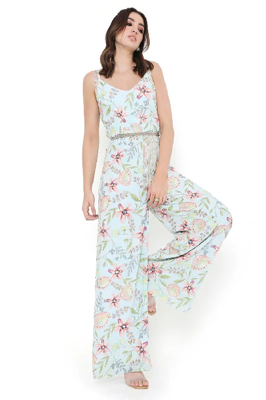 Lavender Dream Print Embroidered Jumpsuit With Embroidered Leather Belt Sophisticated Women's Tailored