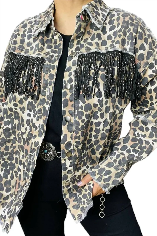 Cheetah Print Shacket With Rhinestone Fringe In Black/tan Trendy Women's Oversized