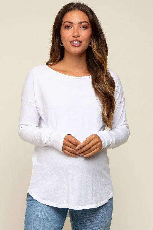 White Long Sleeve Curved Hem Maternity Top Sophisticated Women's 