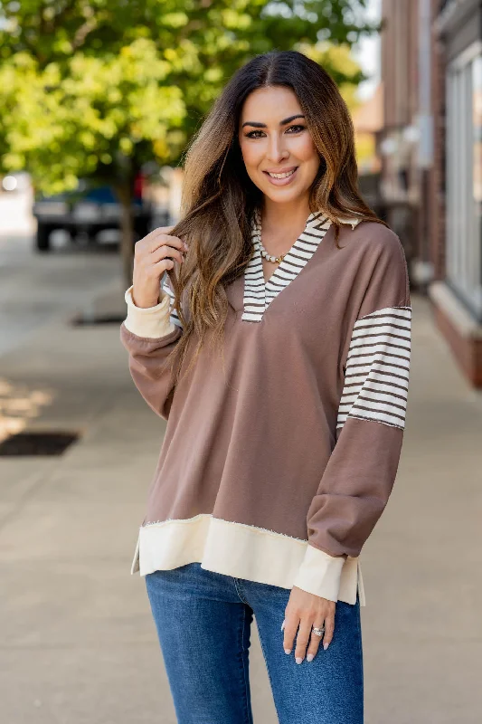 Stripe Accented Raw Stitched Tee Bold Women's Statement