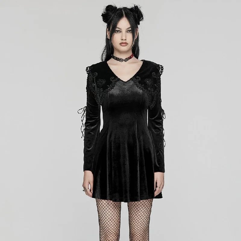 Women's Gothic Doll Collar Lace-up Velvet Prom Dress Black Tough Women's Military - inspired