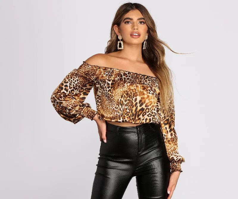 Feline Wild Leopard Off Shoulder Top Dapper Women's 1920S