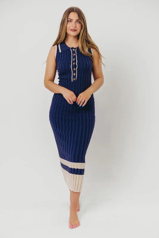 Jovie Sleeveless Ribbed Maxi Dress with Buttons in Navy Trendy Women's 