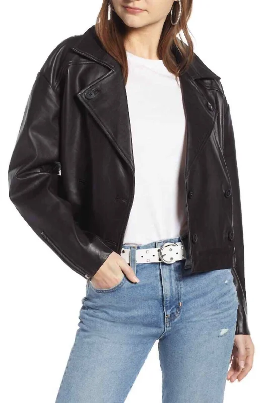 Shrunken Double Breasted Crop Leather Jacket In Black Stylish Women's Tropical 