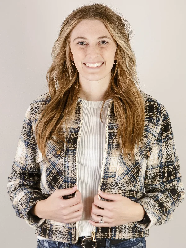 Textured Blue and Black Plaid Shacket Refined Women's Hand - crafted
