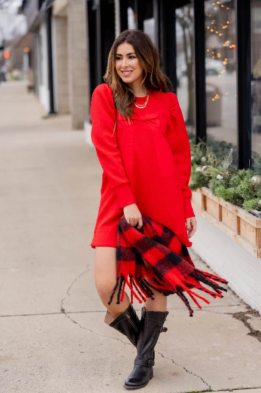 Bow Accented Bold Textured Dress Laid - back Women's Style