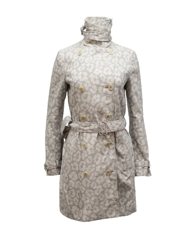 Stella McCartney Snow Leopard Print Double-Breasted Coat in Light Grey Polyester Adventure