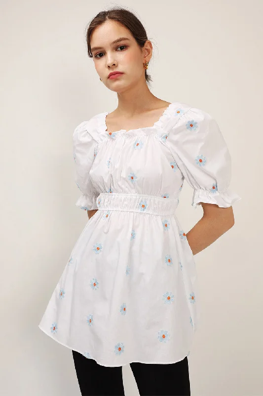 Elle Daisy Embroidery Puffed Dress Classic Women's Tweed