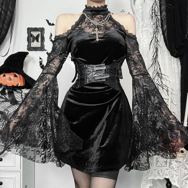 Women's Gothic Lace Velvet Halter Short Dress Laid - back Women's Vibe