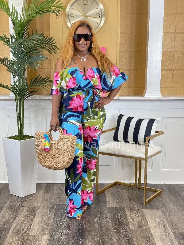 Tropical Desire Jumpsuit (Blue/Pink Multi) Youthful Women's Pop