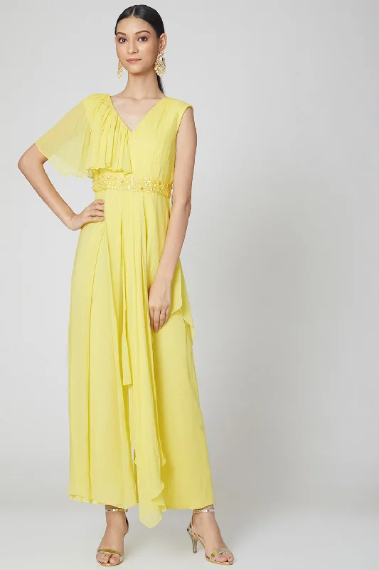 Draped Neon Yellow Jumpsuit With Embroidered Belt Stylish Women's Neon