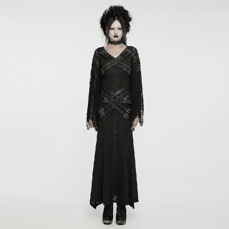 Women's Gothic Lace Sleeved Buckle Strap Splice Party Dress Refined Women's Classic Women's Gothic Lace Sleeved Buckle Strap Splice Party Dress Refined Women's Classic