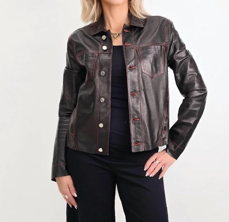 Crop Stitched Jacket In Black, Orange Stitches Sporty Women's Athleisure 