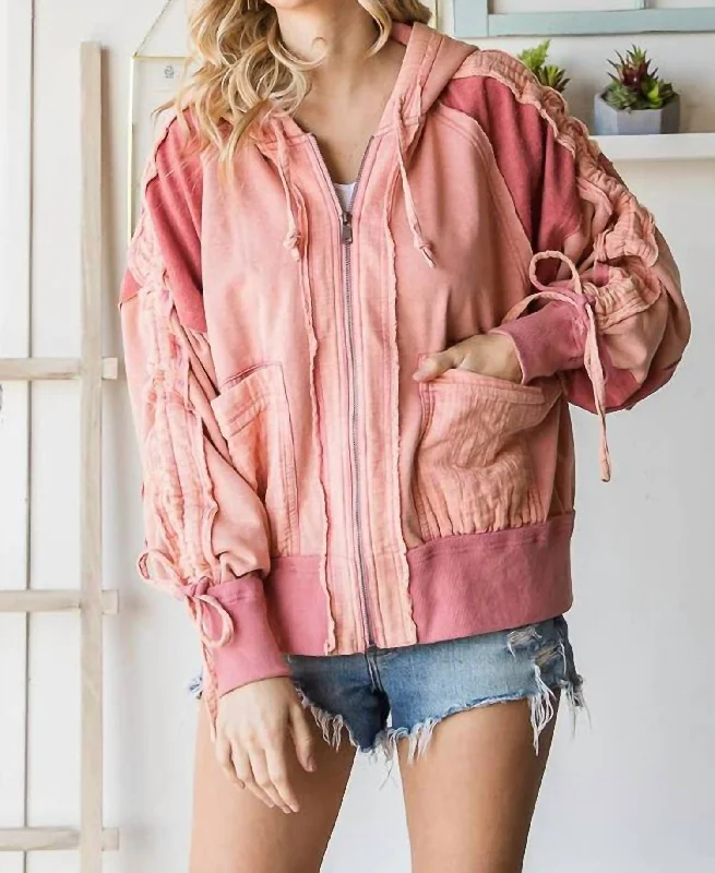 Washed Fabric Mixed Cinched Sleeve Jacket In Dark Rose Polished Women's Silk