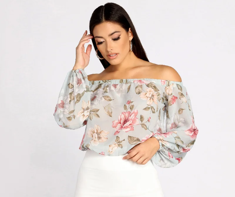 Flowy Floral Chiffon Crop Top Casual Women's Loose - fitting