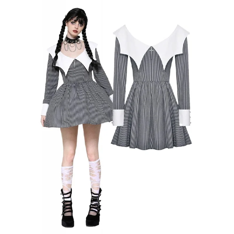 Women's Gothic Lolita Bat Striped Short Dress Gray White Sustainable Organic