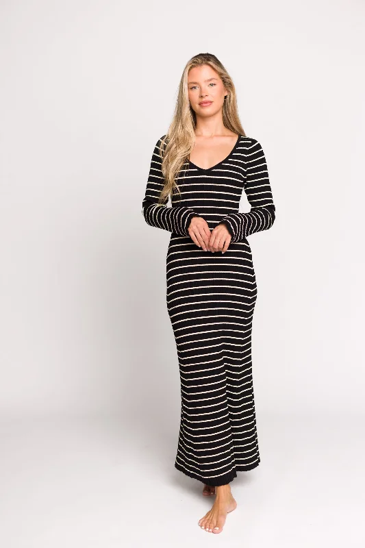 Keaton Knit Maxi Dress with V-Neckline in Black/Cream Stripe Sophisticated Women's Tailored