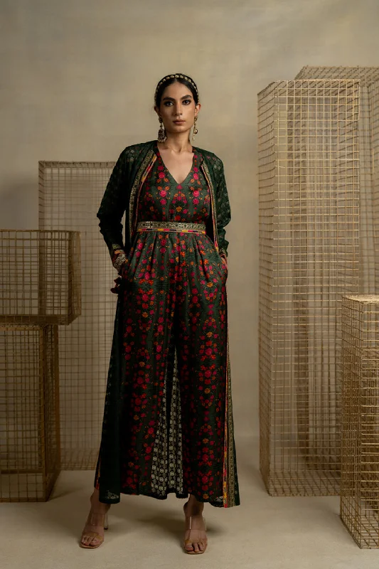 Phulvari Mehndi Jumpsuit With Embroidered Organza Jacket And Belt Cool Women's Distressed