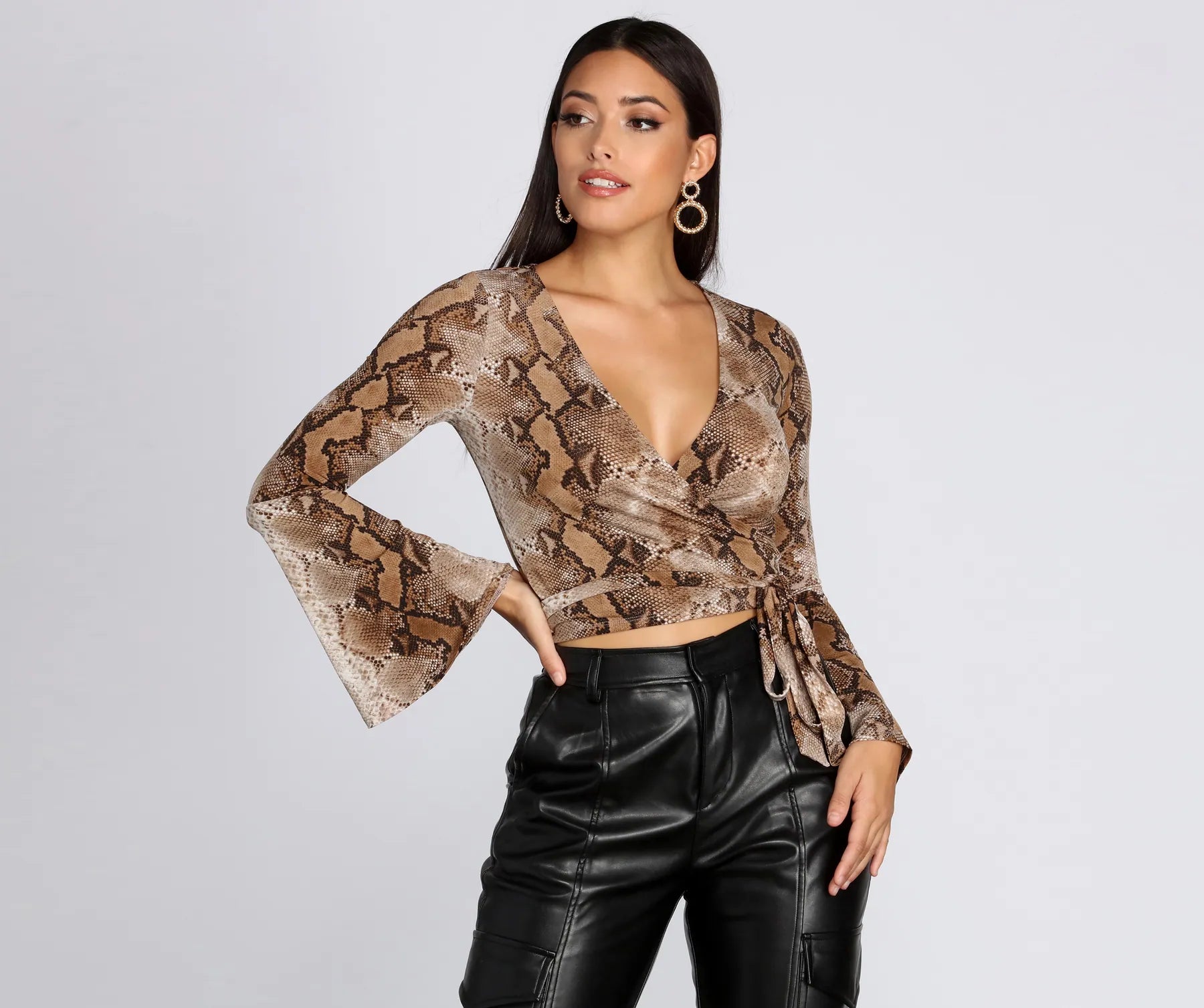 Snake Print Bell Sleeve Top Sleek Women's Metallic