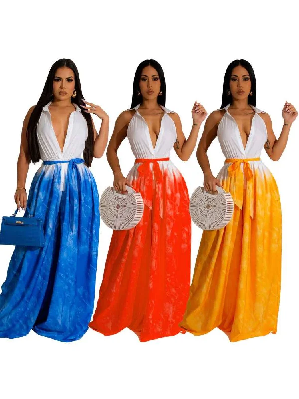 Colorblock Bandage Wide Leg Jumpsuits Classic Women's Pin - striped