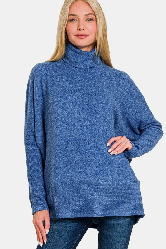 Zenana Brushed Melange Hacci Turtleneck Sweater Lt Navy Traditional Women's 