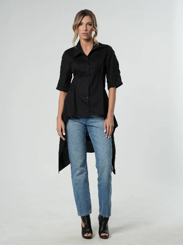 Asymmetric Shirt With Open Back In Black Polished Women's Silk