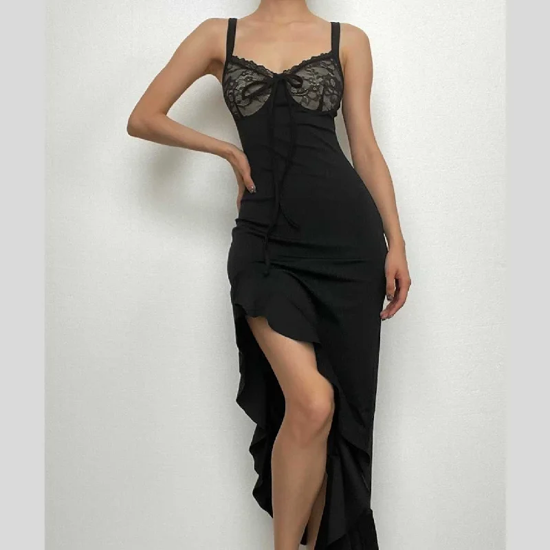 Ruffle slit v neck irregular backless lace cami midi dress Traditional Women's Wool