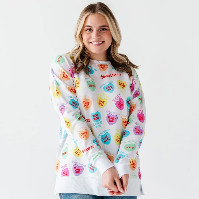 Sweethearts® Colorful Candy Hearts Women's Crew Neck Sweatshirt Vintage Women's 1970S 