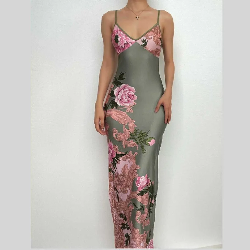 Flower print contrast v neck backless cami maxi dress Cool Women's Skate