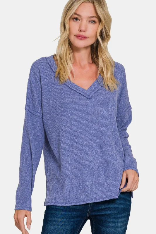 Zenana Ribbed V-Neck Drop Shoulder Top Marlin Blue Sporty Women's Athleisure 