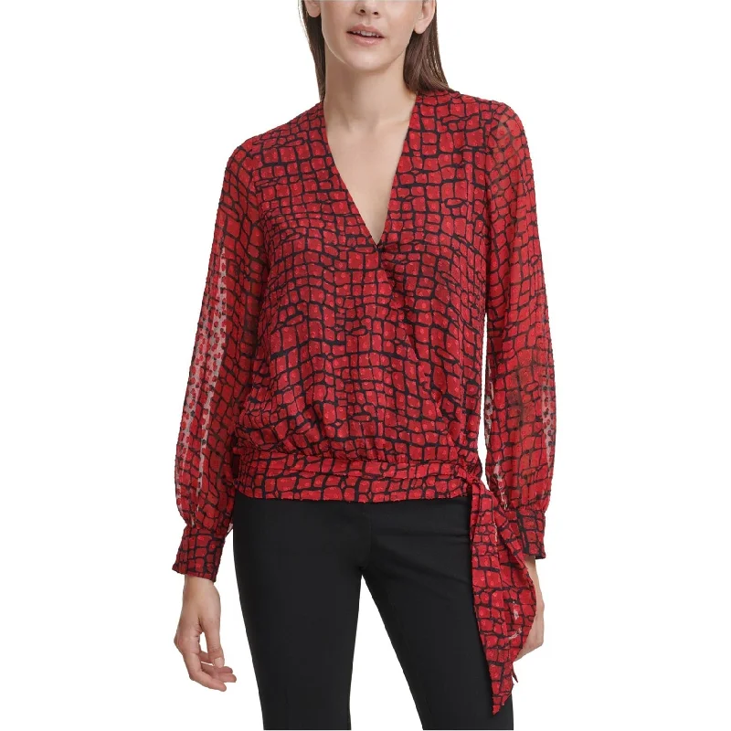 Calvin Klein Womens Tie Waist Pullover Blouse, Red, Small Disco