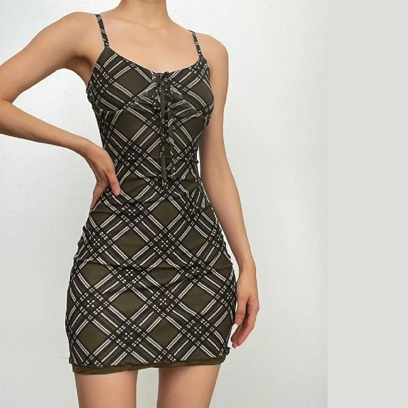 Plaid contrast print ruffle low cut backless cami bodycon dress performance
