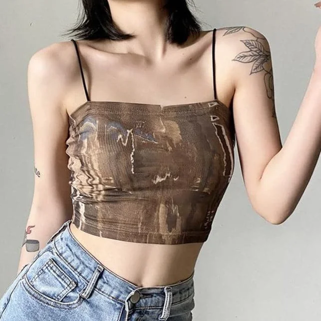 Contrast print spaghetti strap square neck cami crop top Contemporary 