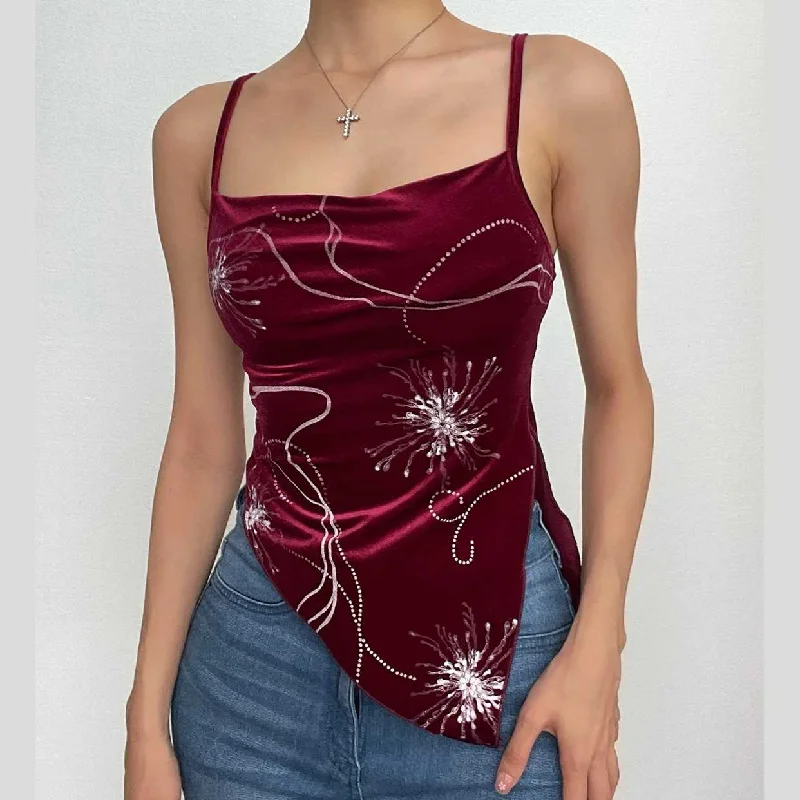 Velvet cowl neck contrast print slit irregular cami top Refined Women's 