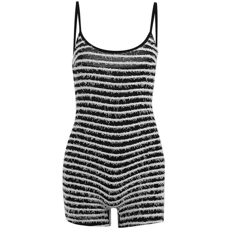 Contrast striped fluffy backless cami romper Practical Women's Quick - dry