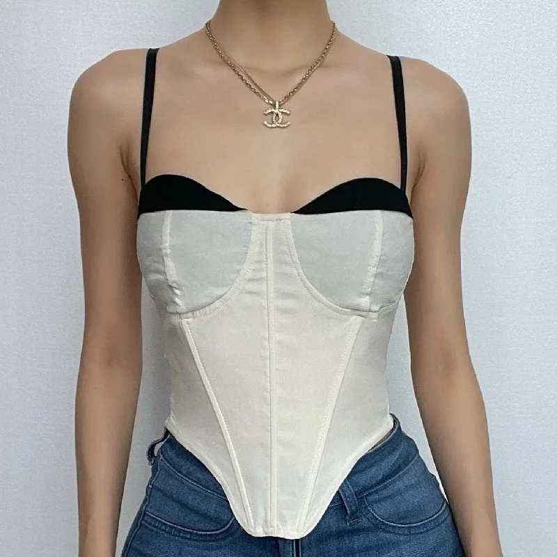 Corset patchwork sweetheart neck contrast backless cami top Geometric