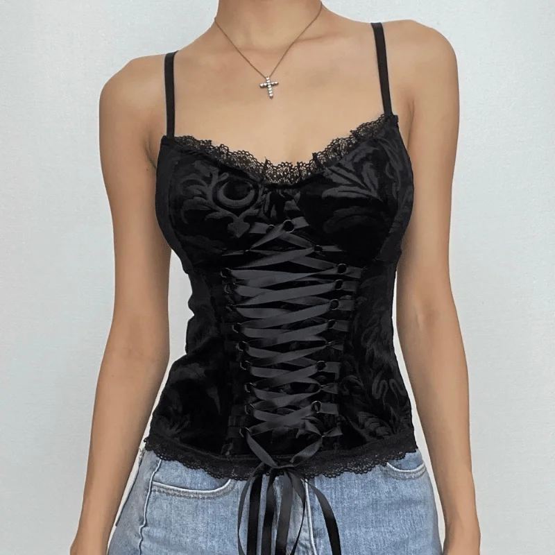 V neck hem lace velvet lace up cami top Adventure