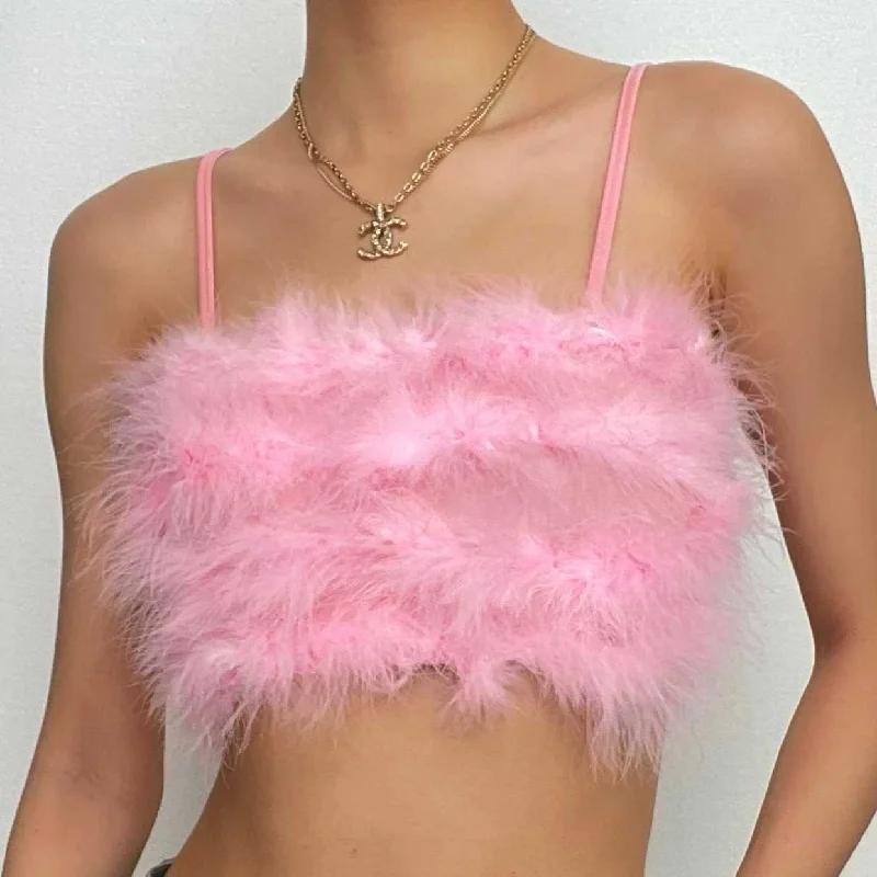 Fluffy solid backless cami crop top Elegant Women's 