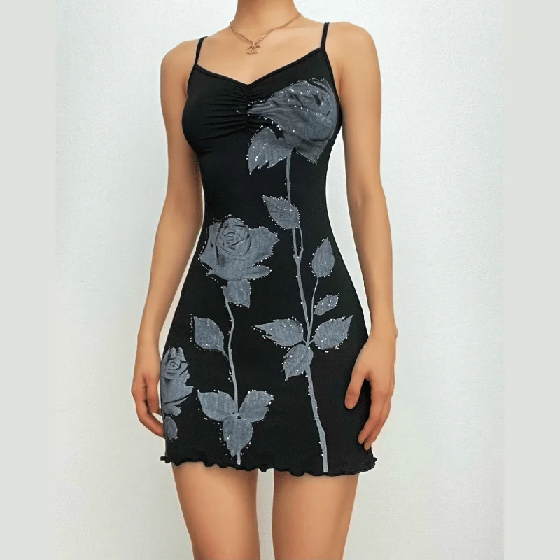 Rose pattern contrast v neck backless cami mini dress Rugged Women's Outdoor 