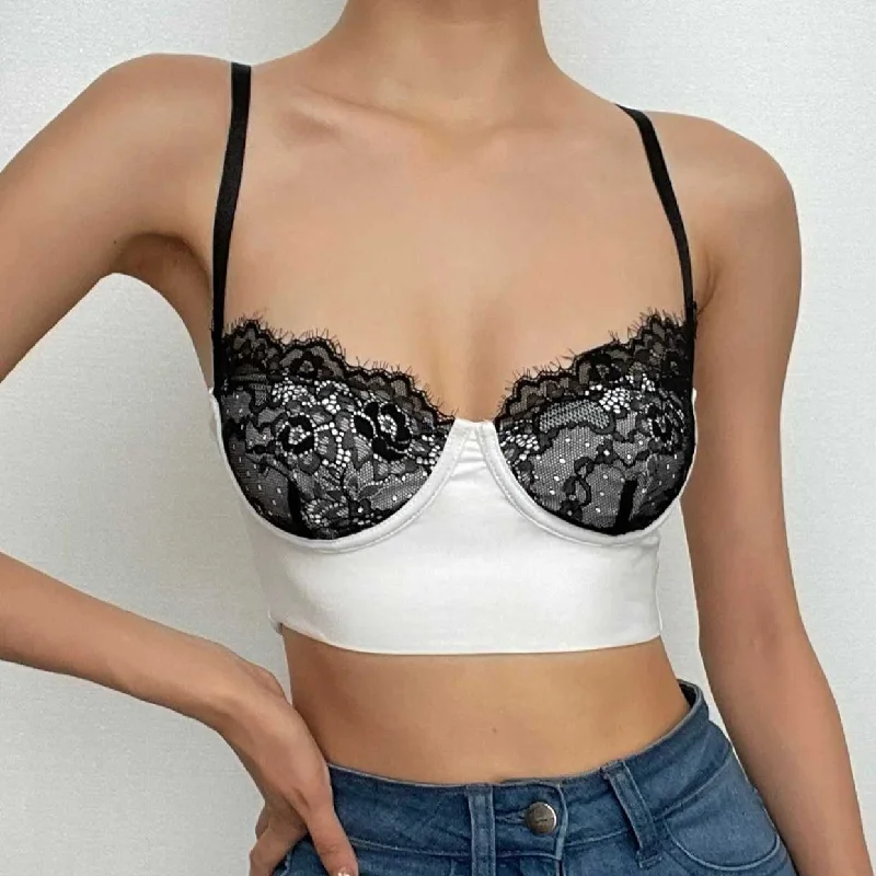 Lace patchwork backless low cut contrast cami crop top Traditional Women's 