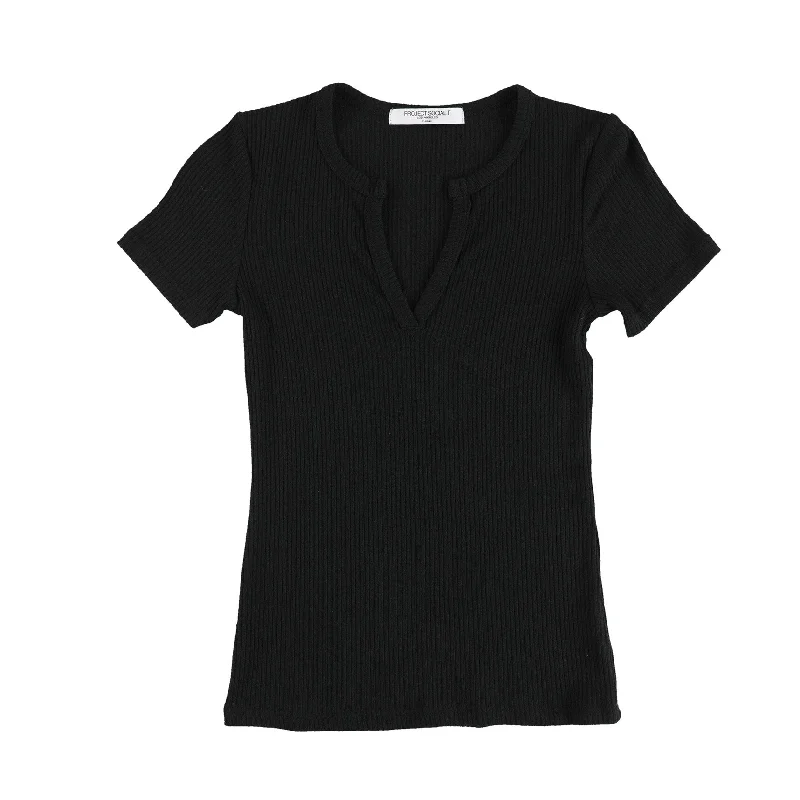Project Social T Womens Ribbed Split Neck Basic T-Shirt, Black, X-Small Business