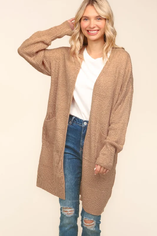Stripe Textured Open Cardigan with Pockets in Taupe Youthful Women's Pop