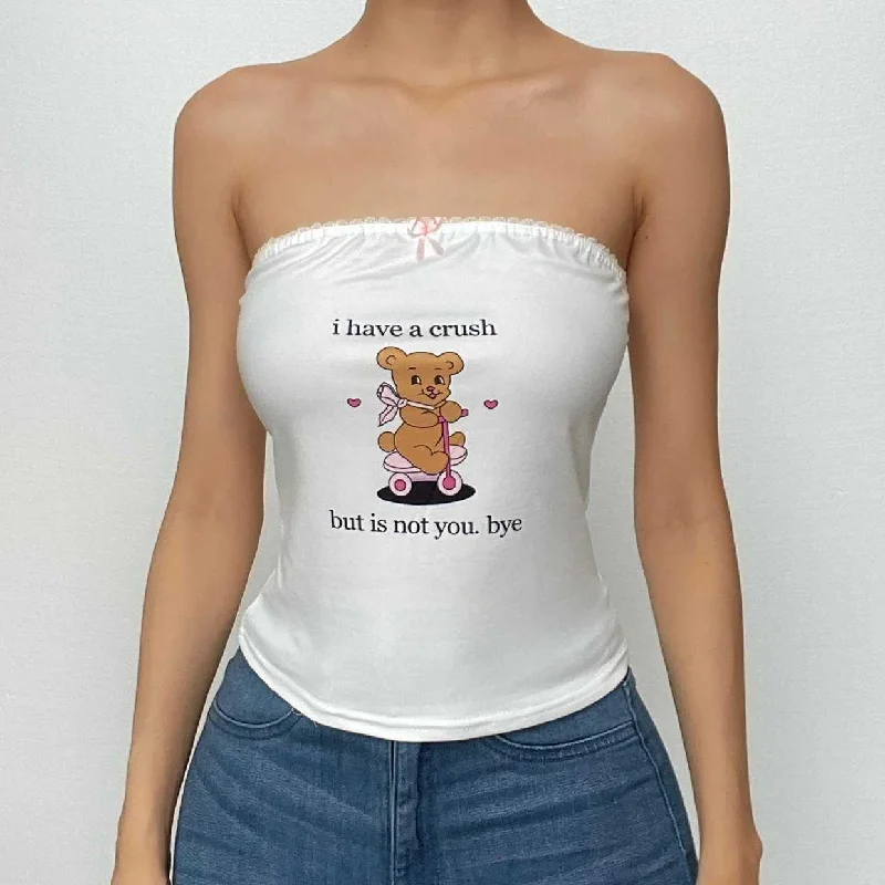 Backless lace hem bear pattern contrast tube top Refined Women's Classic 