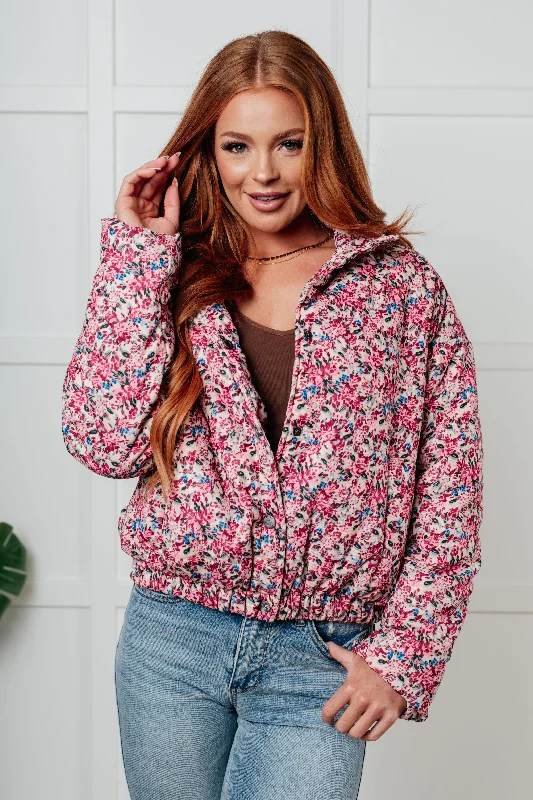 Wish Me Well Floral Printed Puffer Jacket in Cream Multi Cozy Women's Sherpa - lined