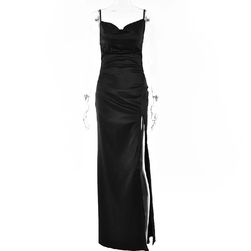 Solid sleeveless cowl neck slit ruched backless cami maxi dress Casual Women's Loose - fitting