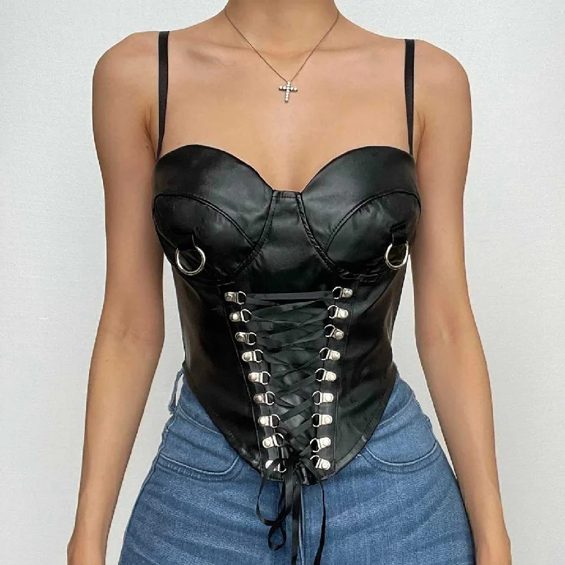 Lace up sweetheart neck PU leather zip-up cami crop top Feminine Women's Soft 
