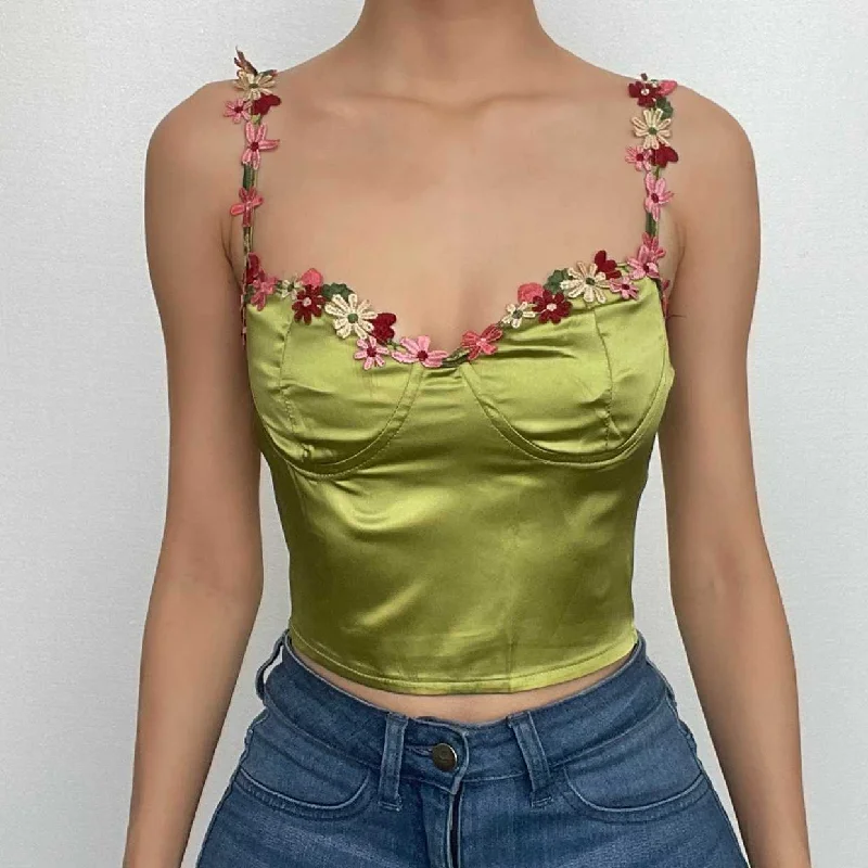 Sweetheart neck flower embroidery zip-up satin cami crop top Confident Women's High - fashion