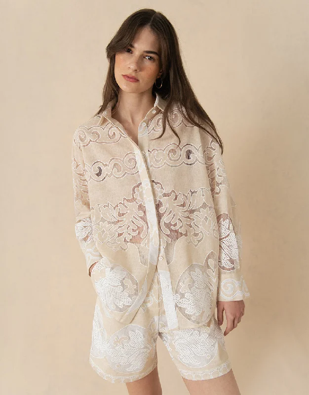 Nova Raschel Shirt - Beige / White Lace - SALE purpose