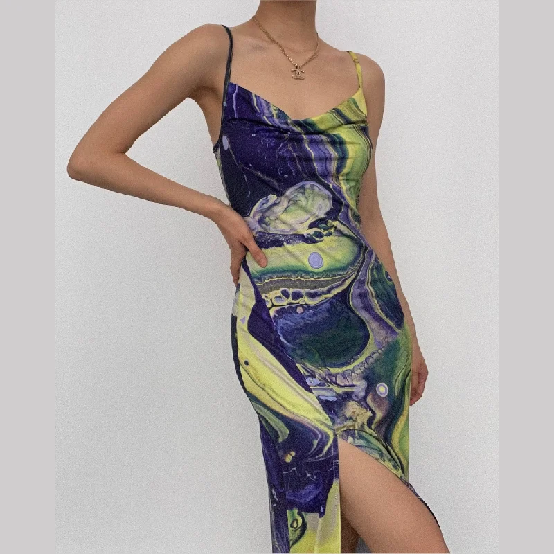 Sleeveless contrast print slit backless cami dress Polished Women's Silk
