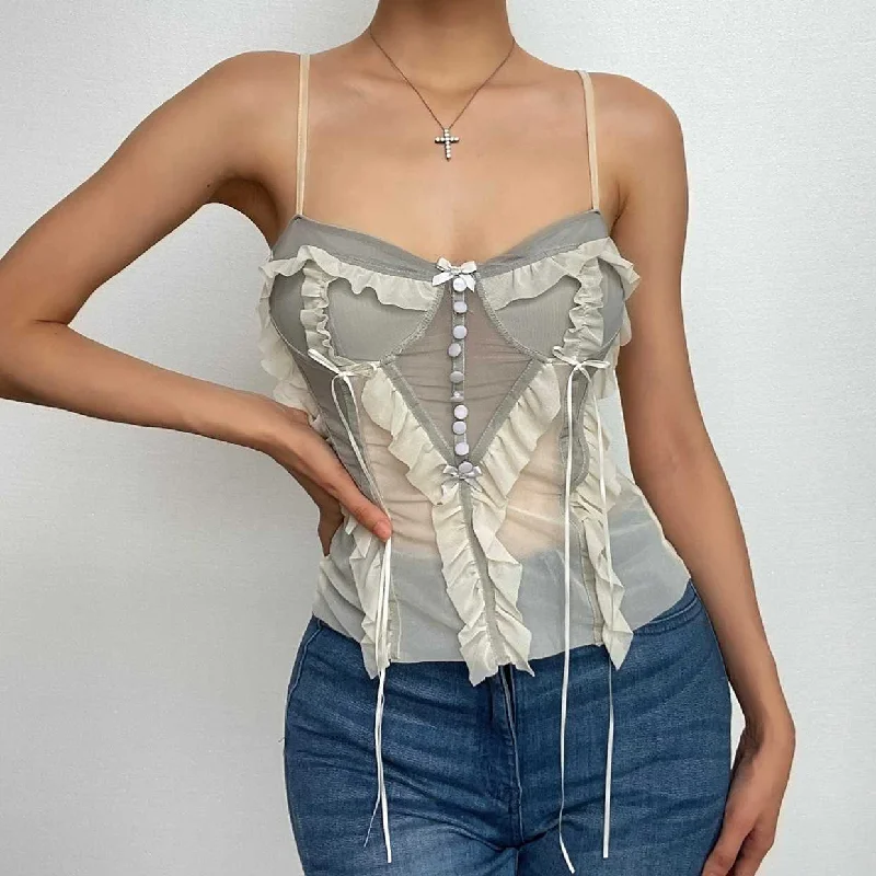 Mesh patchwork ruffle button contrast backless cami crop top Youthful Women's Anime - inspired Mesh patchwork ruffle button contrast backless cami crop top Youthful Women's Anime - inspired